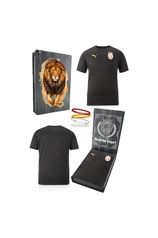 Galatasaray Lisanslı Sıfır Yaka Siyah A Takım Antrenman T-shirt + Bileklik Set Ahşap Kutulu Siyah - Antrasit