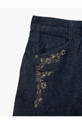 Koton Rahat Kalıp Pamuklu Taş İşlemeli Barrel Denim Pantolon - Barrel Jeans Raw 7wal40224md 63x