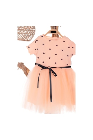 Kalp Baskılı 2-7 Yaş Arası Somon Kız Çocuk Tüllü Elbise Doğum Günü Özel Gün Ve Geceler İçin SOMON