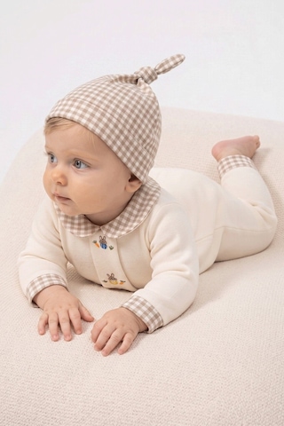 Beniizle Tavşan Nakışlı Ekose Detaylı Bebek Tulum & Şapka Kahverengi