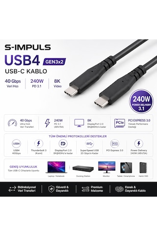 S-ımpuls Usb-c Usb4 Gen 3x2 Kablo 240w 40gbps, Pd 3.1, 8k Video Destekli, Thunderbolt 3/4 Uyumlu 2 Metre