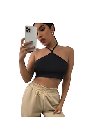 Liona Kadın Boyundan Bağlamalı Siyah Renk Crop Top Bluz 001