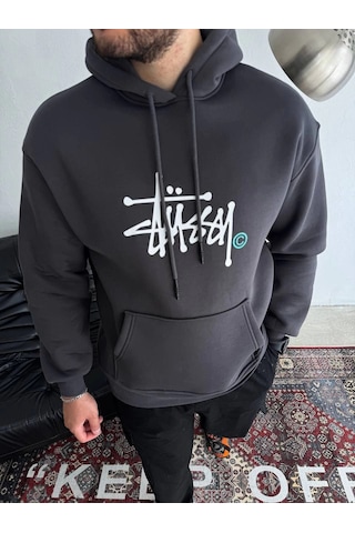 Novalisse Erkek Üç İplik Kapşonlu Baskılı Sweatshirt - Füme Çoklu Renk