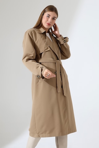 Amazon Keten Kumaş Diz Altı Yumuşak Dokulu Düğmeli Astarlı Trenç Kot Vizon Vizon