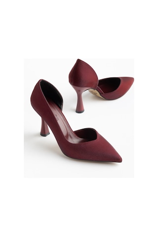 Büyük Beden Kadın İnce Topuklu Stiletto Bordo Parlak Saten Yan Açık-4669 Bordo