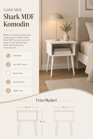 Renazzo %100 Mdf Shark Komodin - Çekmecesiz Beyaz
