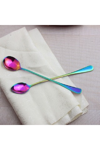 Sones 2 Adet Paslanmaz Çelik Gökkuşağı Uzun Saplı Kahve Kepçeleri Soğuk İçecek Karıştırma Kaşığı Tatlı Kek İçin, Stil: Yuvarlak Kaşık