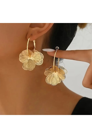 Altın Çift Katmanlı Hollow Çiçek Halka Küpe Kadınlar İçin Altın