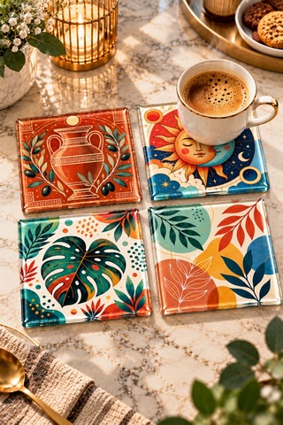 Gökçeoğlu Cam Bardak Altlığı Güneş Ay Ve Botanik Temalı 4'lü Takım 10cm X 10cm Çok Renkli