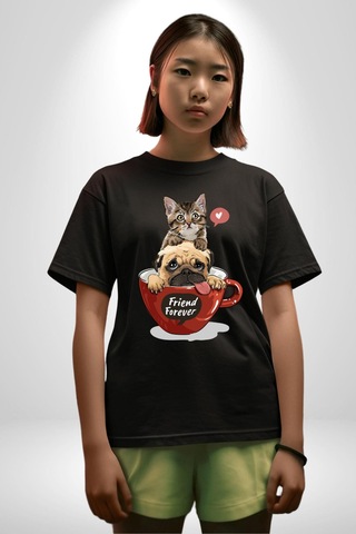 Kedi Ve Köpek Sonsuzadek Arkadaşız Pamuklu Bisiklet Yaka Unisex Oversize Boyfriend Dijital Baskılı Siyah T-shirt Siyah