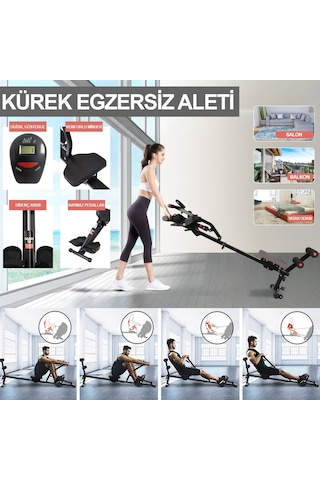 Hidrolik Katlanabilir Kürek Çekme Aleti Gösterge Ev Kardiyo Tüm Vücut Egzersiz + Direnç Lastiği