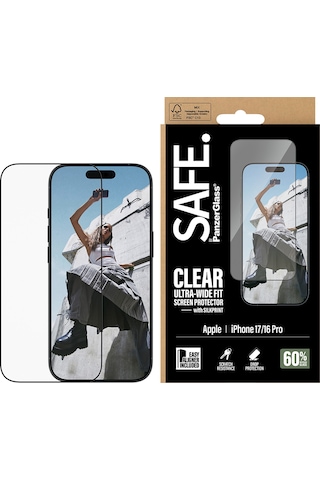 Safe. By Panzerglass Apple Uyumlu iPhone 17 16 Pro Ultra-wide Fit Çerçeve Aparatlı Siyah Çerçeveli Ekran Koruyucu