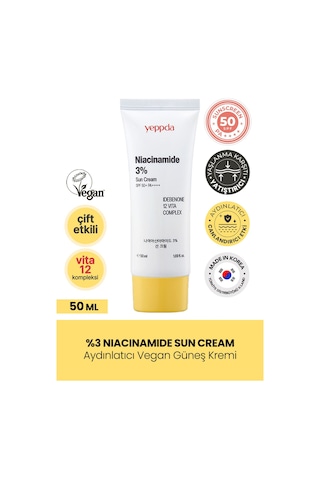 Yeppda %3 Niacinamide İçeren Aydınlatıcı Vegan Güneş Kremi Yeppda Niacinamide Sun Cream SPF50+ PA++++ 50ml