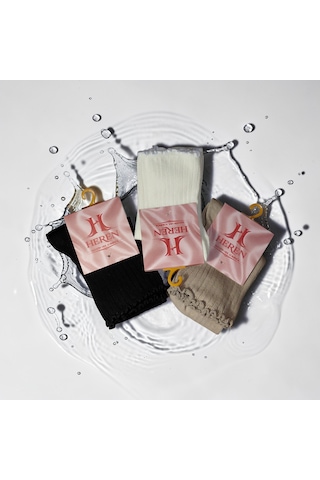 Heren Socks Heren Lastik Fırfırlı 3'lü Kadın Çorap , Fitilli Fırfırlı Kolej Boy Ekru - Bej - Siyah