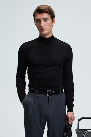 Grimelange REBEL Erkek Yarım Balıkçı Yaka Basic Slim Fit Triko Siyah Kazak