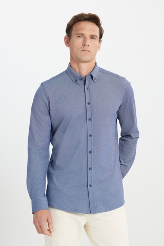 AC&Co / Altınyıldız Classics Erkek Lacı Pamuklu Örme Slim Fit Dar Kesim Düğmeli Yaka Gömlek Lacı Lacivert