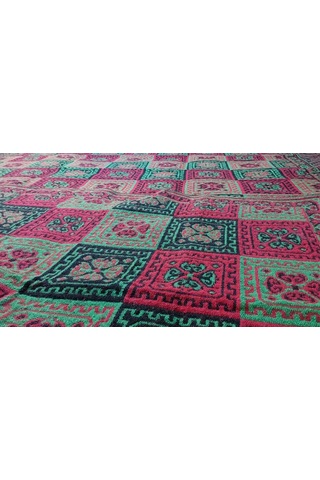 Çift Taraflı 3 Mekik Karo Desen Pamuklu Makine Dokuma Kilim Kırmızı - Yeşil - Siyah