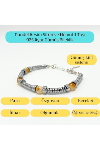 Yıldız Doğal Taş Rondel Kesim Sitrin ve Hematit Doğal Taş Gümüş Bileklik 6 MM