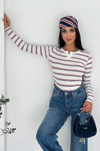 Noa & Noa Kadın Çizgili Düğme Detaylı Bluz Retro Stripe Beyaz