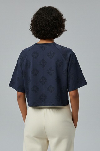 Soft&Basic Kadın Nakışlı %100 Organik Pamuk Bisiklet Yaka Kısa Crop T-shirt Lacivert