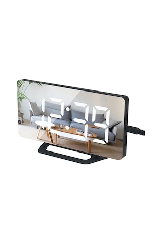 Led Aynalı Dijital Masa&duvar Saati Sessiz, Termometre, Usb Şarj,alarm Modern Şık Tasarım Siyah
