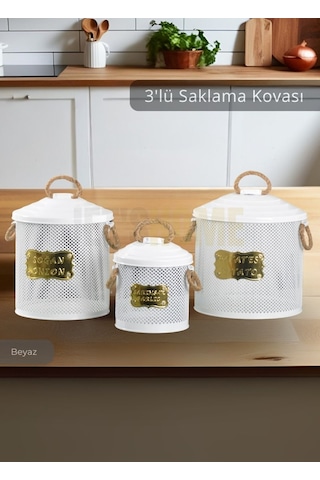 3'lü Set Sebzelik Metal Patates Soğan Sepeti Sarımsak Kovası Şık Organizer Beyaz Beyaz