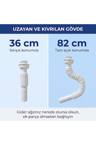Lexroo Körüklü Lavabo Sifonu, Paslanmaz Çelik Süzgeçli Esnek Gider Borusu Standart
