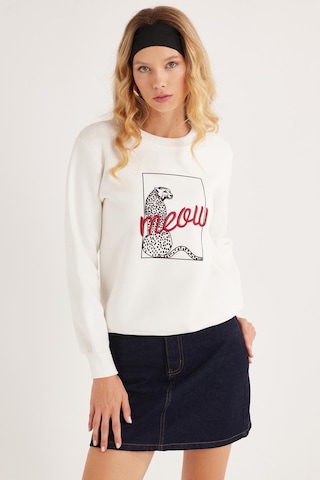 Tudors Kadın Regular Fit Klasik Kesim %100 Pamuk Baskılı Bisiklet Yaka Beyaz Sweatshirt-36931 Beyaz
