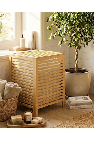 Bambu Kirli Banyo Çamaşır Sepeti İki Bölmeli Dekoratif Kare Doğal Bambu 45 45 63cm Kahverengi
