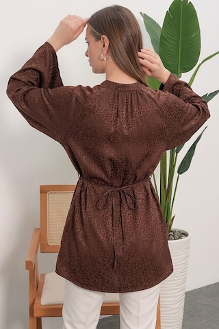 Bigdart Kadın Çizgili Bağcıklı Oversize Tunik 50009 - Kahverengi
