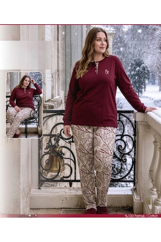 Angelina Kadın Battal Düğmeli Yaka %100 Pamuk İnterlok Kışlık Pijama Takımı 10018 - 1 Adet Bordo