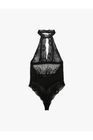 Koton Transparan Floral Dokulu Halter Yaka Dantelli Bodysuit Siyah 6wlk00003mk Siyah