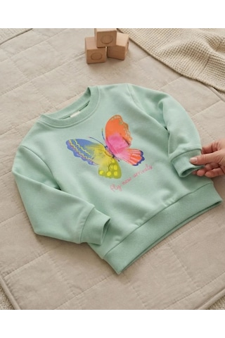 Tuffy Mint Nil Yeşili Kelebek Baskılı Bebek Sweatshirt Rahat Kalıp