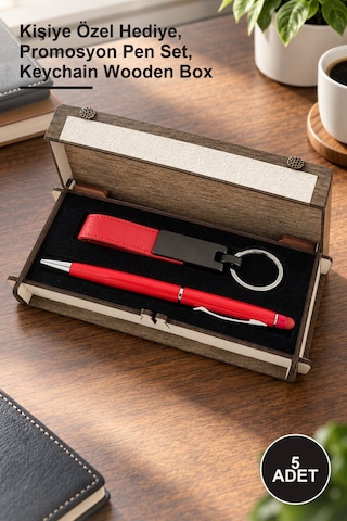5 Adet Ahşap Kutulu Kırmızı Anahtarlık Ve Kalem Seti Kişiye Özel Hediye, Promosyon Pen Set, Keychain Wooden Box