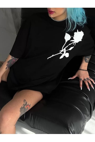 Modi Unisex Bisiklet Yaka Baskılı Oversize T-shirt - Siyah - Mymg102532