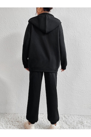 Unisex Hırka Eşofman Altı Jogger- Siyah Alt Üst Kombin Takım Baskılı Oversize Kapüşonlu Siyah