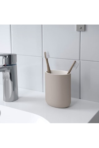 2 Li Banyo Seti Ekoln Sıvı Sabunluk Diş Fırçalık Bej Renk Stoneware Bej