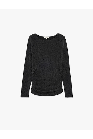 Koton Slim Fit Uzun Kollu Yuvarlak Kayık Yaka Simli Tişört Siyah 6wak50006ek SIYAH