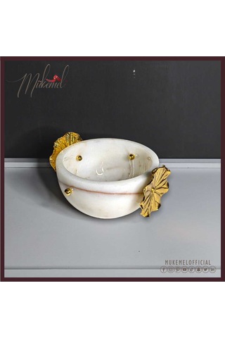 Yaprak Aksanlı Şık Beyaz Mermer Kase Lüks Ev Dekorasyon Merkezi