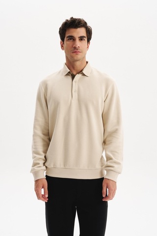 AR-MA Arma Erkek Regular Fit Selanik Kumaş Düğmeli Polo Yaka Sweatshirt Pamuk Polyester Karışımlı K30564699202 Bej