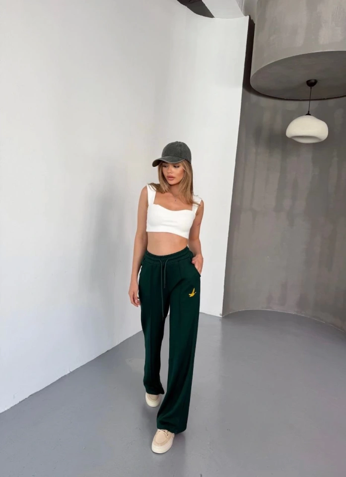 Suma Osy Modal Yumuşak Dokulu Kumaş Nakış Işlemeli Rahat Bol Paça Eşofman Pantalon - Siyah Yeşil