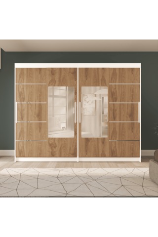 Sürgülü Gardırop, Dört Kapaklı Aynalı 360x60x210 Cm Parlak Beyaz