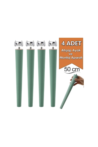 4 Adet Ahşap Ayak 50 Cm Su Yeşili M8 Civatalı Bağlantı Aparatlı Mobilya Tabure Sehpa Masa Destek Ayağı Yeşil