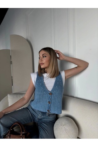 Modasize Triko Kolsuz Düğmeli Yelek - Mavi Mavi
