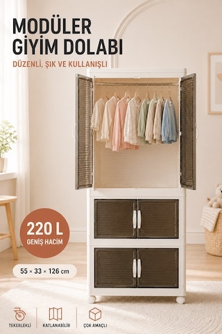 220 L Modüler Giyim Dolabı Tekerlekli Katlanabilir 3 Bölmeli Çok Amaçlı Gardırop Krem