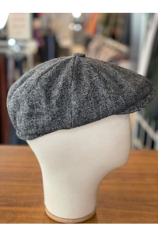 Hamze Peaky Blinders Tarz İngiliz Model Balıksırtı Desen Kaşe Kumaş Kasket Şapka Gri