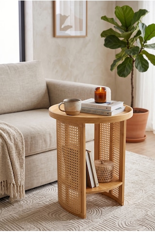 Robin Home Doğal Bambu Rattan Yan Sehpa Tepsili Yuvarlak Dekoratif Sehpa Bej