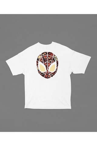 Maske Örümcek Adam Baskılı Unisex Oversize Marvel Tişört Beyaz