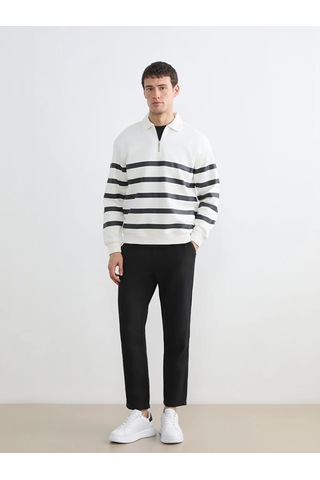 Lc Waikiki Beyaz Polo Yaka Çizgili Erkek Kalın Sweatshirt