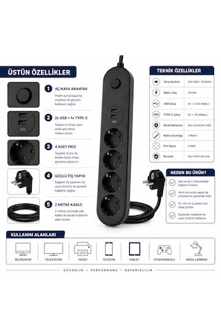 Sh-4625 4 Lü Topraklı Akım Korumalı Çoklu Priz 2 Usb 1 Type-c Çıkışlı 2 Metre Kablolu Anahtarlı Grup Priz Uzatma Kablosu 2 M